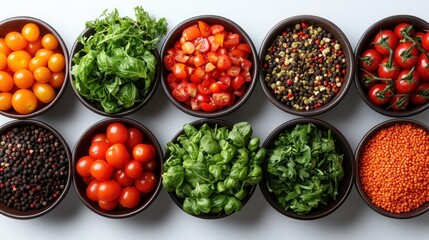 Naklejka premium Colorful Bowls of Fresh Ingredients: Cherry Tomatoes, Herbs, Spices, and Lentils