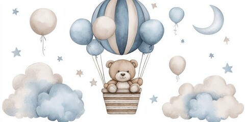 Teddy Bear Hot Air Balloon Baby Shower Invitation Elements Watercolor Illustration with Balloons Clouds Moon and Stars