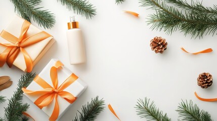 Sunscreens isolated on white Christmas background with bow ribbon present with copyspace for your text advertising photography