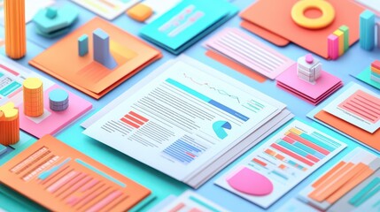 3D illustration of financial documents, charts, and reports in a flat lay style with realistic paper textures and vibrant colors, perfect for business analysis presentations