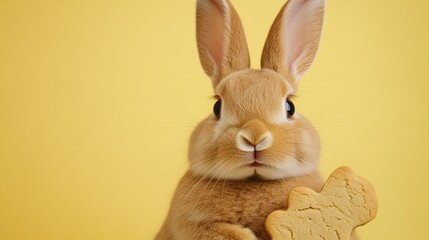 Obraz premium A cute rabbit holding a cookie against a vibrant yellow background.