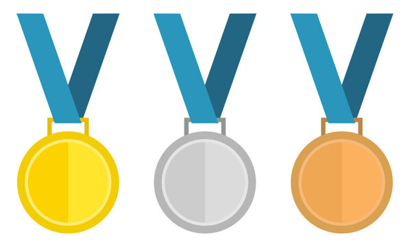 Gold, silver and bronze medal icon set with blue ribbon isolated on a white background. Medal icon set for competition, game, achievement. Vector illustration.