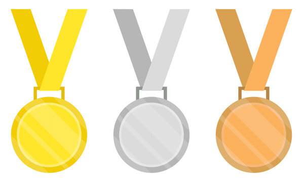 Gold, silver and bronze medal icon set with ribbon isolated on a white background. Medal icon set for competition, game, achievement. Vector illustration. Flat style.