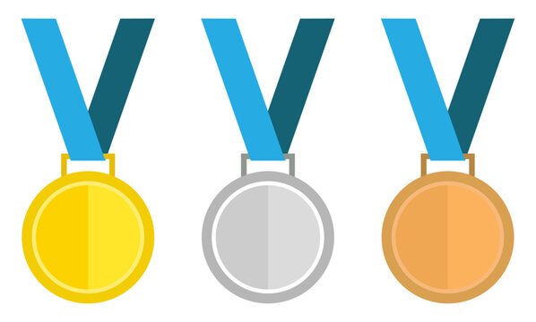 Gold, silver and bronze medal icon set with blue ribbon isolated on a white background. Medal icon set for competition, game, achievement. Flat design. Vector illustration.