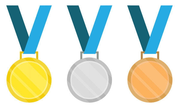 Gold, silver and bronze medal icon set with blue ribbon isolated on a white background. Medal icon set for competition, game, achievement. Flat style. Vector illustration.