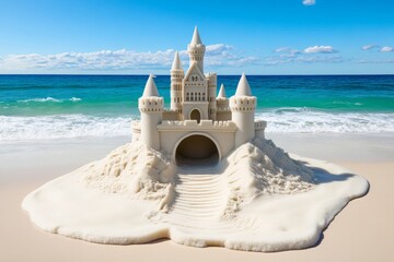 Intricate sand castle built on a sunny beach near the ocean with a clear blue sky in the background