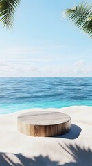 27. A tropical beach with a wooden podium set on a sandy dune, the turquoise ocean stretching out to the horizon, creating a serene space for product showcasing