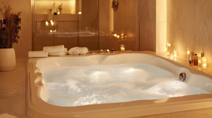 A luxurious whirlpool tub with jets bubbling, surrounded by elegant marble and soft candlelight in a serene spa-like suite