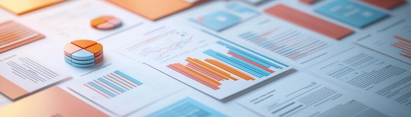 3D rendering of financial paperwork, charts, and graphs in a flat lay style, showcasing business reports and analytical tools with a sleek, professional look