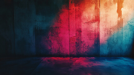 Colorful abstract wall with vibrant lighting effects in a dark room setting