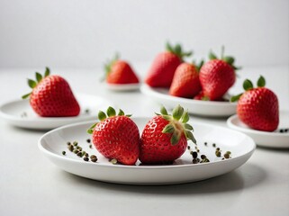 A group of strawberries arranged neatly on a sleek white plate