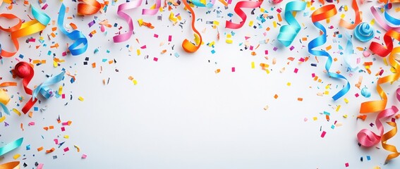 Colorful party decorations with confetti and streamers for celebrations.