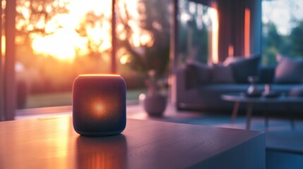Smart speaker glowing at sunset in modern living room.