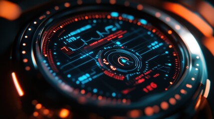 Close-up of a futuristic digital display with glowing blue and red interfaces, showing vital signs and data.