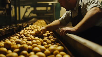 Inspecting Potatoes on Conveyor Belt in Factory, quality control concept