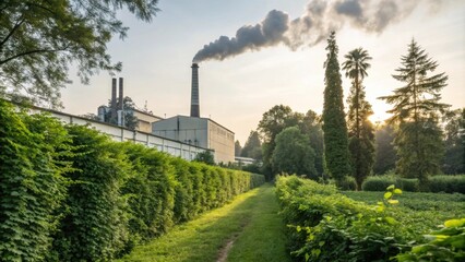 A factory emits clean air with greenery surrounding its walls enhancing sustainability.