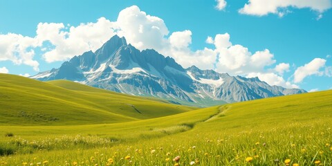 Serene Meadow Landscape Featuring Majestic Mountain Range Under a Bright Sky