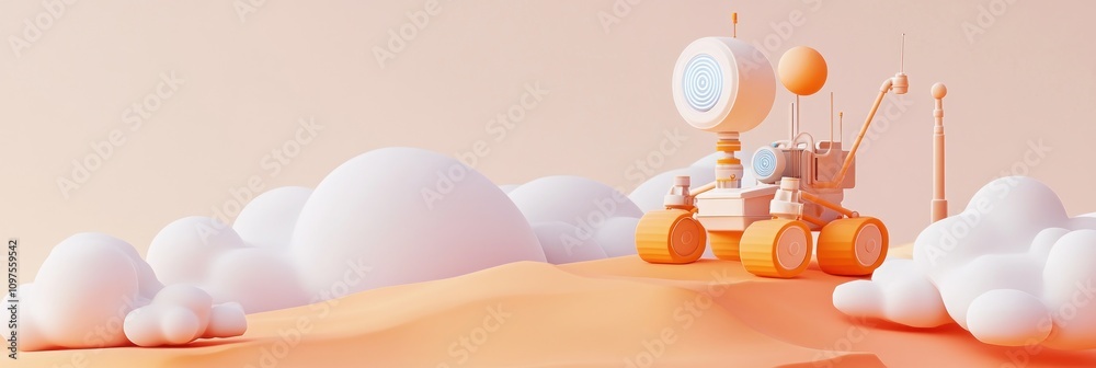 Wall mural a whimsical 3d rendering of a rover exploring a soft, cloud-like landscape.