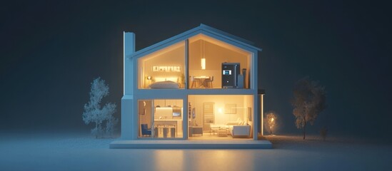 Illuminated cutaway house model at night.