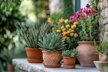 Potted plants with terracotta textures, rustic and classic for traditional gardens
