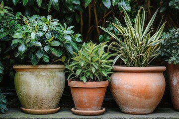 Fototapeta premium Potted plants with terracotta textures, rustic and classic for traditional gardens