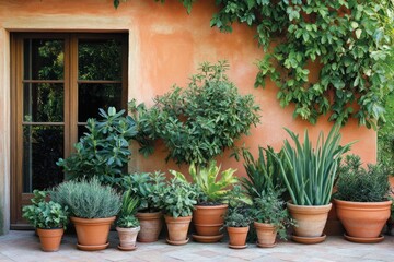 Fototapeta premium Potted plants with terracotta textures, rustic and classic for traditional gardens