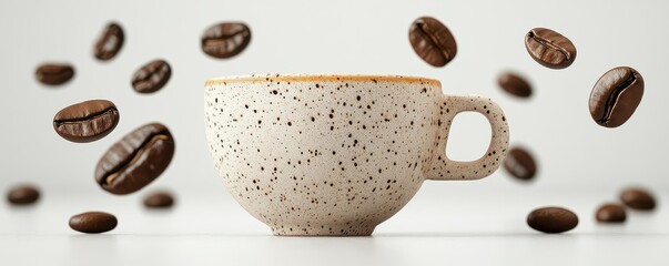 Obraz premium A speckled ceramic cup surrounded by floating coffee beans, creating an inviting coffee-themed scene.