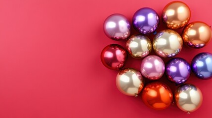 A cluster of colorful balloons on a pink background, perfect for celebrations.
