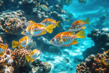 School of fish swimming together in the ocean, synchronized movements, vibrant underwater scene