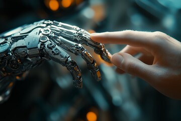 A gentle human fingertip connects with a robotic metal finger representing the peaceful integration of humans and artificial intelligence technology.