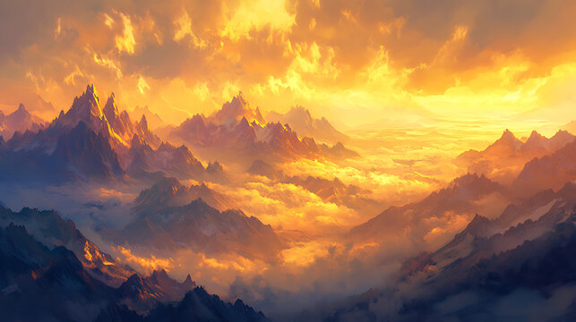 A tranquil mountain range at sunrise, with soft golden light illuminating the peaks and mist lingering in the valleys 