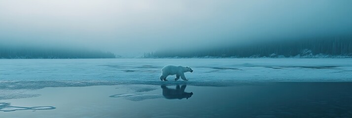 Fototapeta premium A polar bear walks across a snowy landscape, reflecting on a calm, icy water surface.