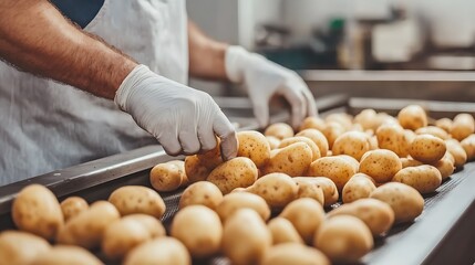 Inspecting Potatoes on Conveyor Belt in Factory, quality control concept