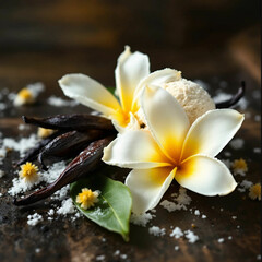 Vanilla beans and white plumeria flowers on a wooden table