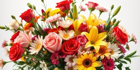 Fototapeta premium Vibrant bouquet of mixed flowers, including roses, lilies, and daisies, arranged in a lush and colorful display.