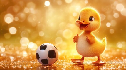 A cheerful yellow duckling stands beside a soccer ball against a sparkling background.