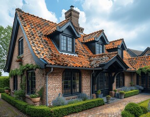 Fototapeta premium Before and After Roof Cleaning on a Dutch Brick House with Black Tiles