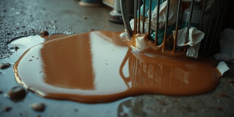 Fototapeta premium Brown liquid spills from a wire basket onto a floor