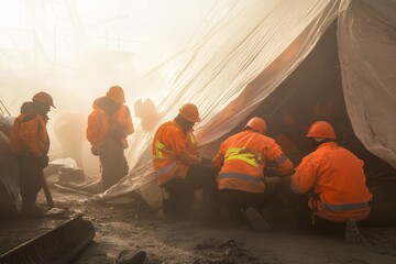 Construction Workers in Safety Gear Collaborate at Job Site, Demonstrating Teamwork and Safety Practices in Challenging Conditions