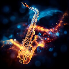 Obraz premium Saxophone with colorful light effects on a dark background.