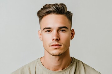 Fototapeta premium Studio portrait of a man with a stylish haircut, minimalist background, 