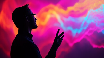 Silhouette of a man in front of vibrant colorful lights expressing creativity.