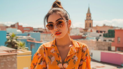Mexican model in contemporary high-fashion look, standing on rooftop with city view - Stylish and modern, bright daylight
