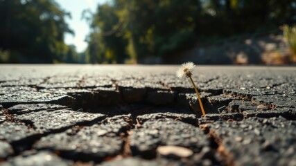 Resilience personified A lone seed head pushes through fractured asphalt, symbolizing strength and perseverance in the face of adversity.