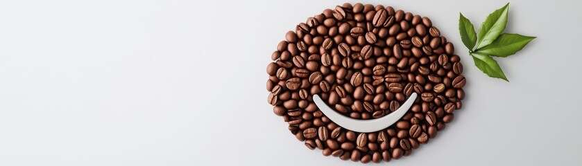 The image features coffee beans arranged to create a smiling face, accompanied by green leaves, symbolizing joy and freshness associated with coffee.