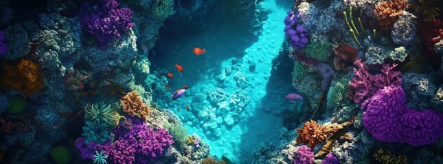 Fototapeta premium Vibrant coral reef teeming with colorful fish, showcasing diverse marine life and underwater beauty. Ideal for nature documentaries, travel brochures, or marine biology publications.