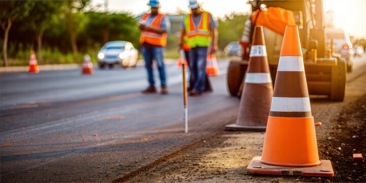 Road construction. Orange traffic cones on asphalt road with blurred cars and workers in the background.