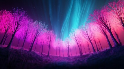Fototapeta premium A vibrant forest with colorful trees under a stunning northern lights sky.