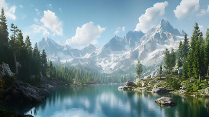 Fototapeta premium A picturesque alpine lake surrounded by jagged peaks and dense evergreen forests under a clear sky 