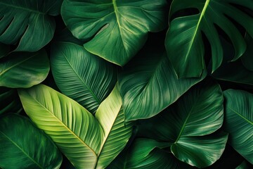 Tropical jungle leaves overlapping, creating a rich, exotic pattern with deep greens 